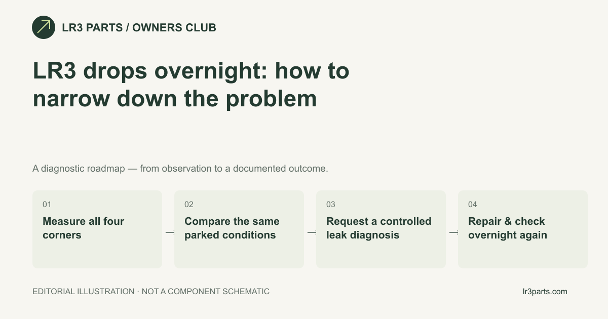 Measure all four corners → Compare the same parked conditions → Request a controlled leak diagnosis → Repair & check overnight again