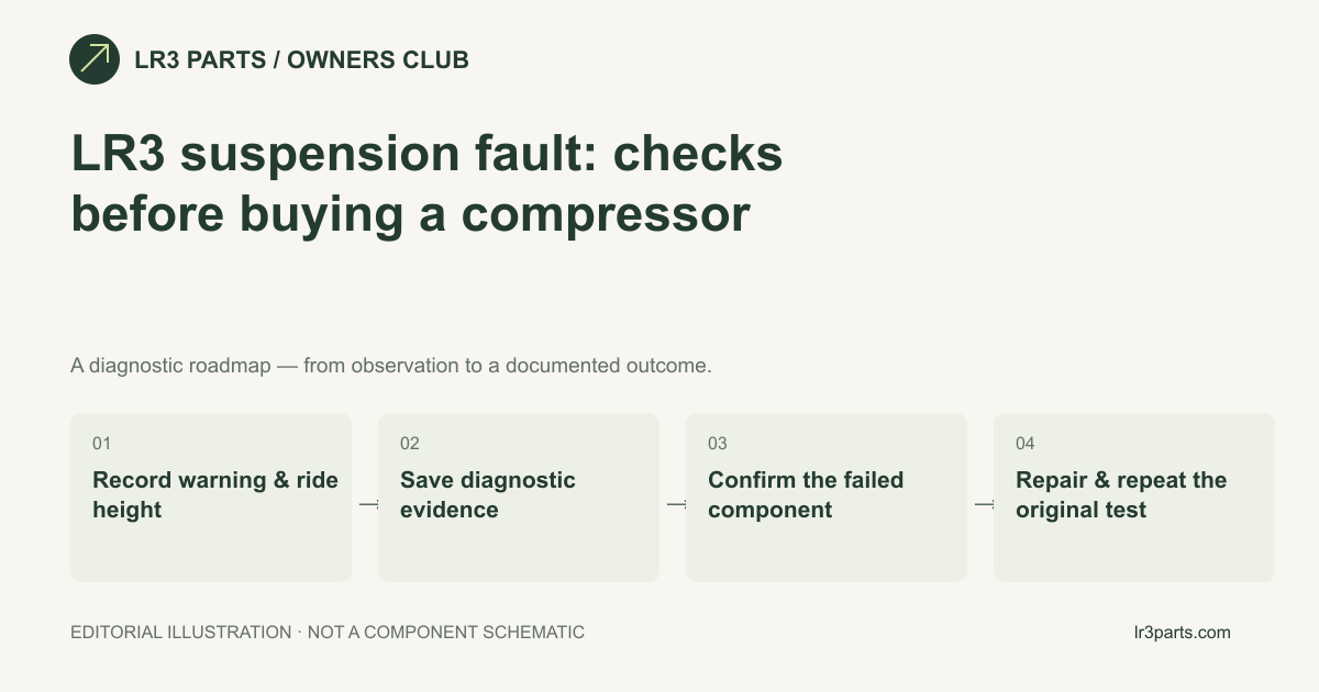 Record warning & ride height → Save diagnostic evidence → Confirm the failed component → Repair & repeat the original test