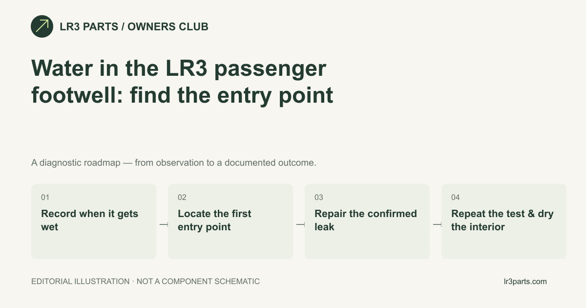 Record when it gets wet → Locate the first entry point → Repair the confirmed leak → Repeat the test & dry the interior